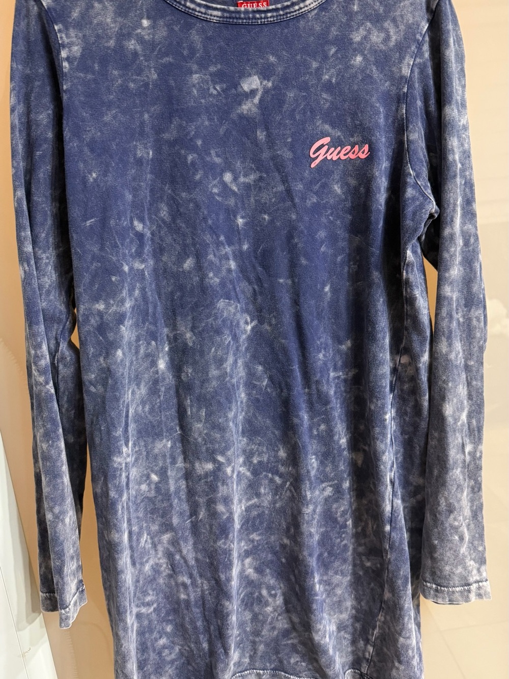 GUESS Blue Tie-Dye Long Sleeve Shirt with Pink Logo